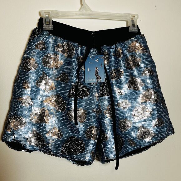 Sister Jane Sequin Storm Cloud Shorts Elastic Waist Pockets Sz‎ Small NEW - Picture 1 of 7